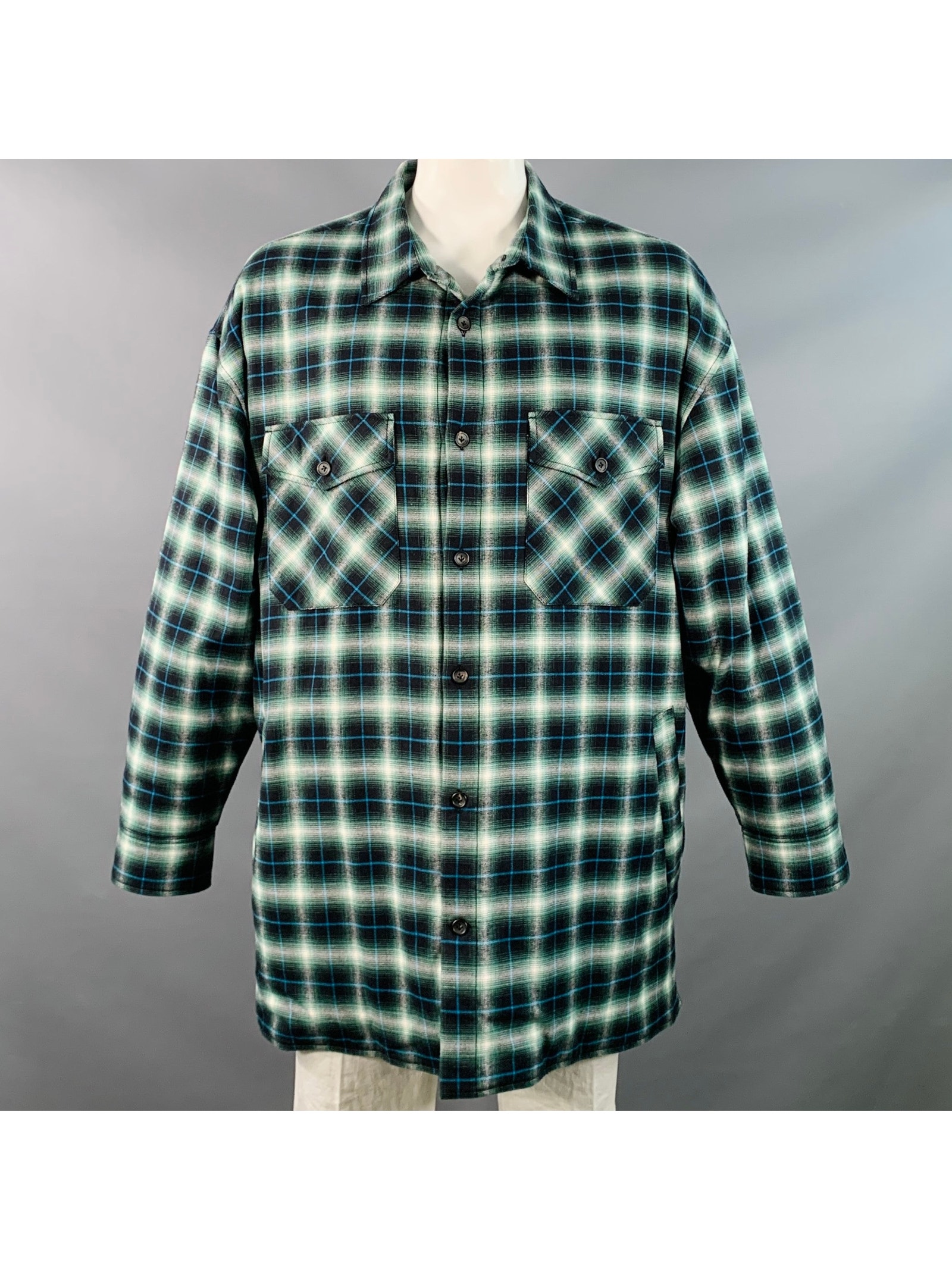 Lanvin Size Xl Green Black White Plaid Cotton Oversized Shirt Jacket